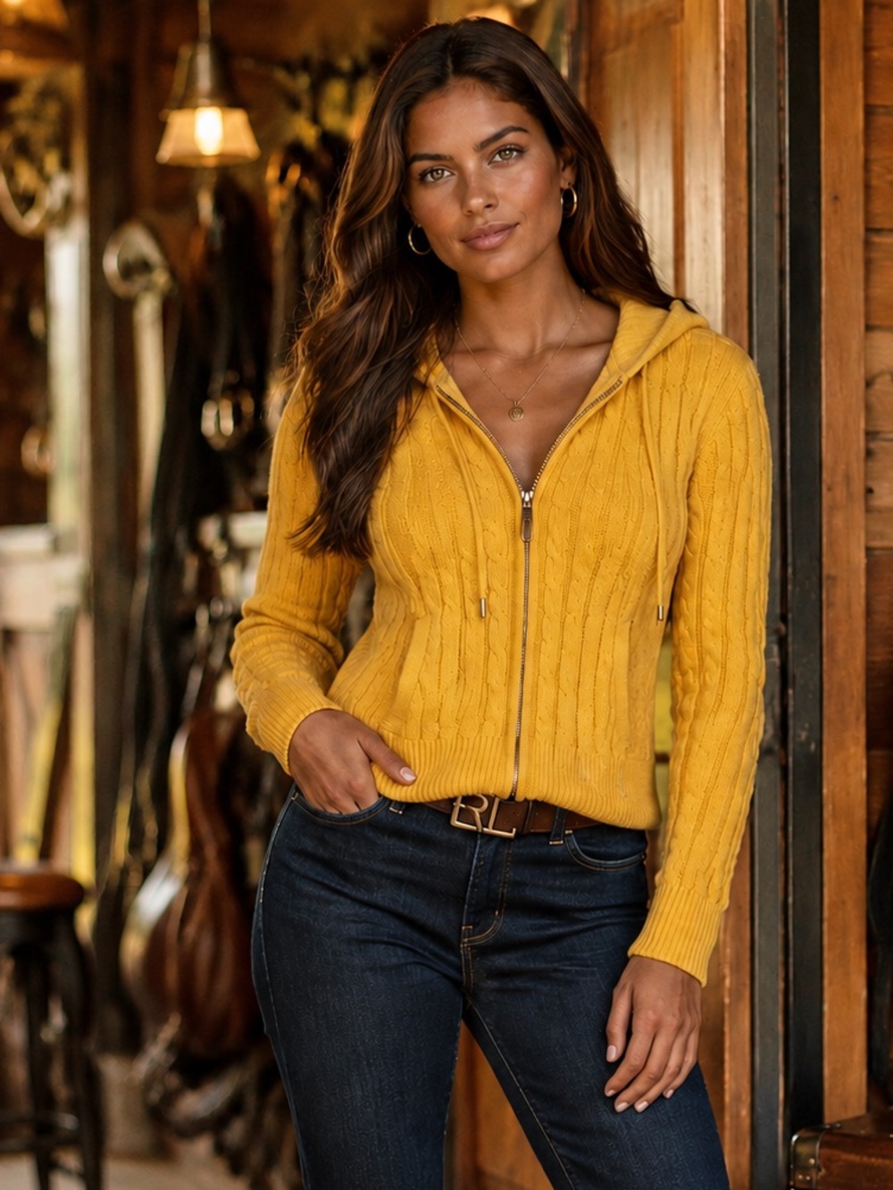 Lauren Active Ralph Lauren Yellow Cable Knit Zip Hoodie Sweater S/P